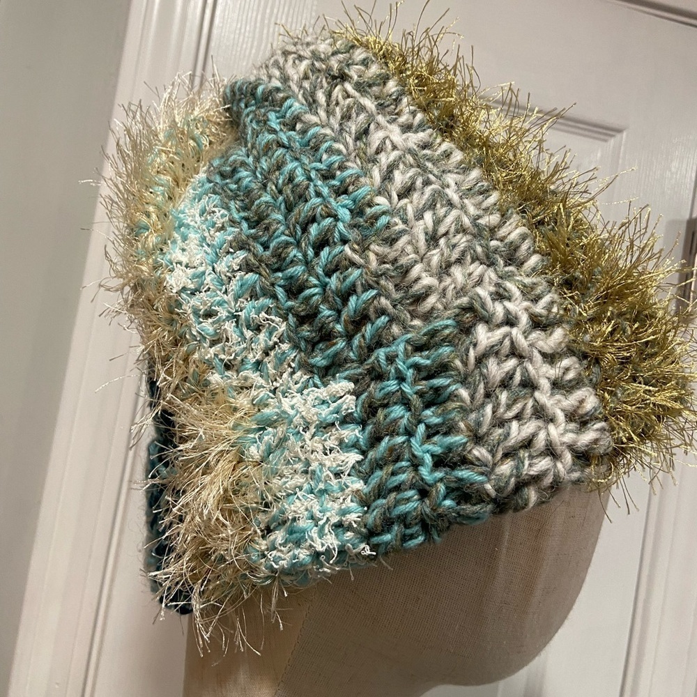 Handmade Crochet Chunky Ribbed Upcycled Multi Fiber Scrappy Yarn Beanie Hat